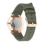 Liebeskind Berlin Armbanduhr mit grauem Zifferblatt aus Leder und vier Nähten als Indizes, roségoldenen Zeigern, roségoldenem Gehäuse und grauem Lederband; Rückansicht