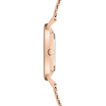 Liebeskind Berlin Armbanduhr mit beigem Zifferblatt, roségoldenem Gehäuse und roségoldenem, glitzerndem Meshband; Seitenansicht