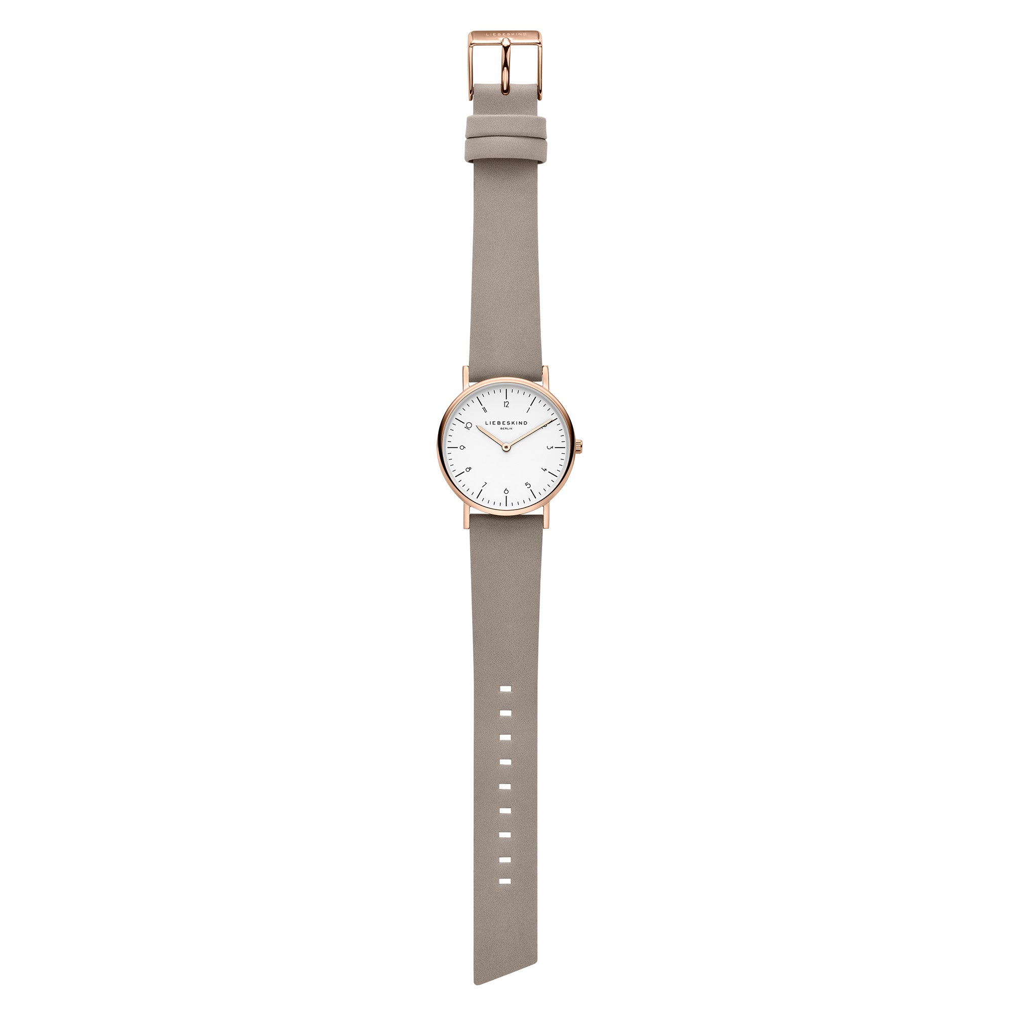 Liebeskind Berlin Armbanduhr im minimalistischen, skandinavischen Design mit roségoldenem Gehäuse und grauem Lederband; Produktbild