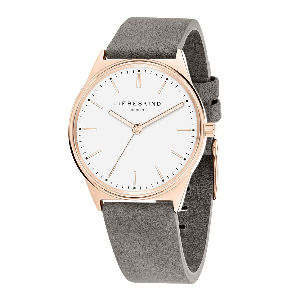 Liebeskind Berlin Armbanduhr mit roségoldenem Gehäuse und grauem Lederband Zusatzbild