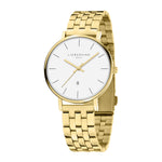 Liebeskind Berlin Armbanduhr mit Datumsanzeige, goldenem Gehäuse und goldenem Edelstahlband; Produktbild