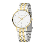 Liebeskind Berlin Armbanduhr mit Datumsanzeige, goldenem Gehäuse und silber-goldenem Edelstahlband; Produktbild