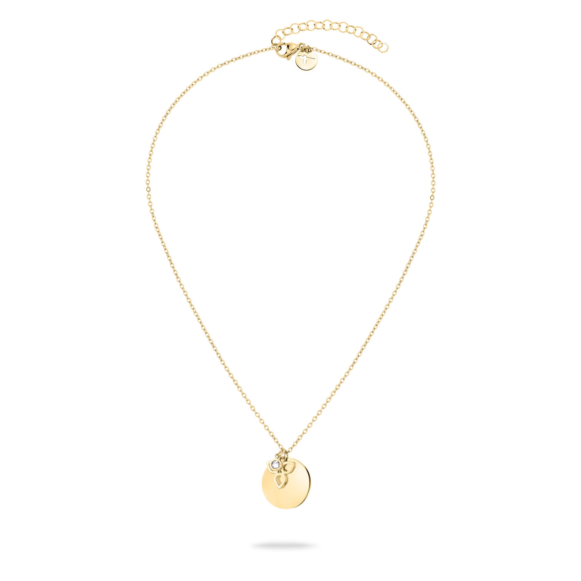 Tamaris Halskette - Flower by Tamaris: goldene Halskette mit rundem Plättchenanhänger und kleinem Charm an einer zarten Kette, auf weißem Hintergrund.