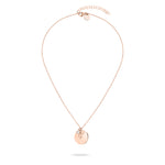 Vollansicht Roségoldfarbene Damen-Halskette mit rundem Anhänger, filigranem Blütenelement und funkelndem Schmuckstein.