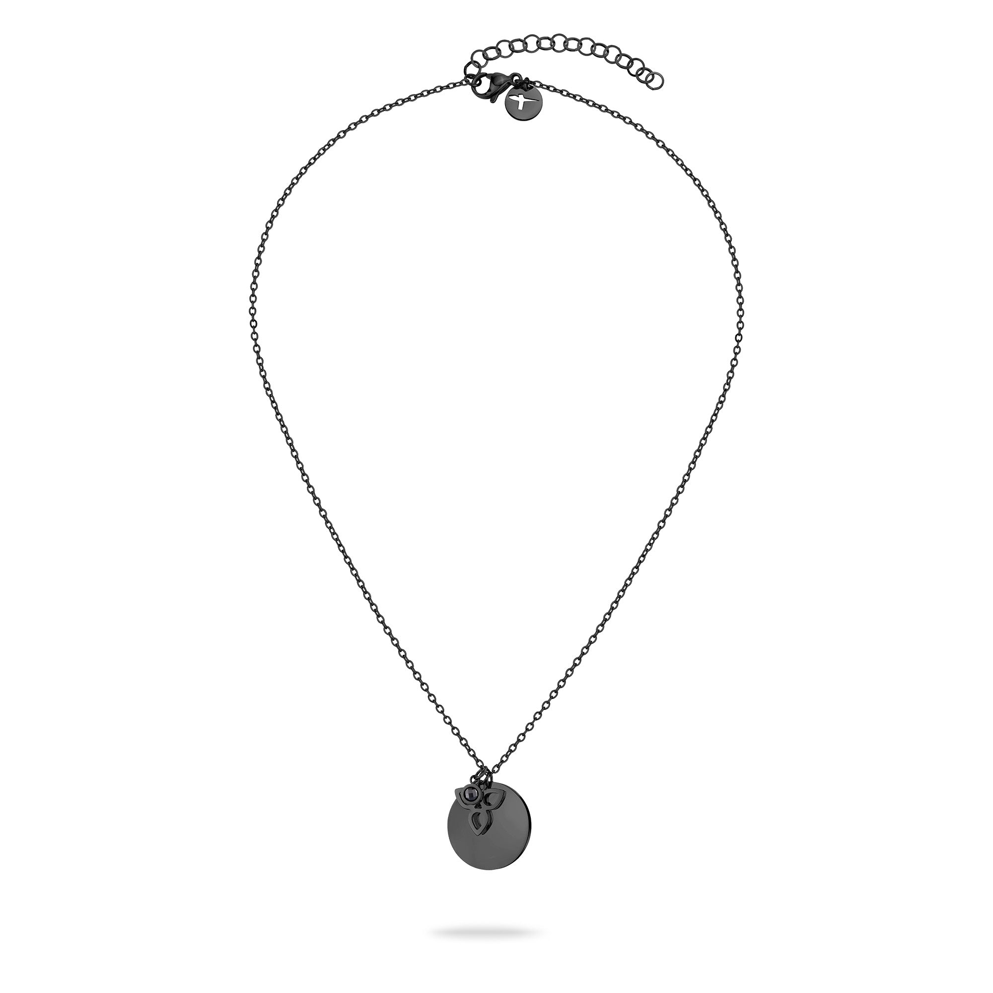 Die Tamaris Halskette - Flower von Tamaris besteht aus einer schwarzen Kette mit einem runden Plättchenanhänger und einem kleinen Charm, der auf einem weißen Hintergrund abgebildet ist.