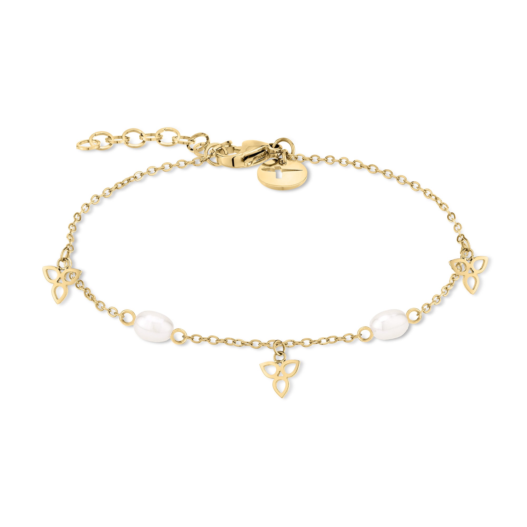 Das Tamaris Armband - Pearl Flower von Tamaris ist mit goldenen Ketten, weißen Perlen, Trinity-Knoten-Anhängern, funkelnden Zirkonia-Akzenten und einem verstellbaren Verschluss ausgestattet.