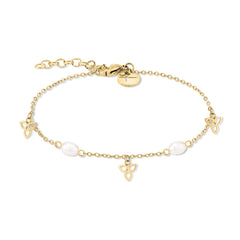 Das Tamaris Armband - Pearl Flower von Tamaris ist mit goldenen Ketten, weißen Perlen, Trinity-Knoten-Anhängern, funkelnden Zirkonia-Akzenten und einem verstellbaren Verschluss ausgestattet.