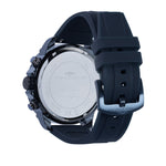 Rückansicht der Fynch-Hatton Armbanduhr - The Blue Chrono, mit schwarzem Armband, Edelstahlgehäuse mit graviertem Boden, die den klassischen Stil der Edelstahluhr und die raffinierte Chronographenkunst von Fynch-Hatton unterstreicht.