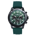 Fynch-Hatton Armbanduhr mit grünem Zifferblatt, Chronographenwerk, schwarzem Gehäuse mit aufgesetztem Topring und grünem Silikonband; Produktbild 