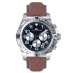 Fynch-Hatton Armbanduhr mit schwarzem Zifferblatt, Chronographenwerk, silbernem Gehäuse mit aufgesetztem Topring und braunem Lederband; Produktbild
