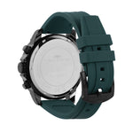 Rückansicht der Fynch-Hatton Armbanduhr - The Green Chrono, die sich durch ein blaugrünes Armband und ein graviertes Edelstahlgehäuse auszeichnet, das das raffinierte Chronographenwerk hervorhebt.