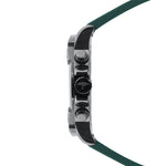 Fynch-Hatton Armbanduhr mit grünem Zifferblatt, Chronographenwerk, schwarzem Gehäuse mit aufgesetztem Topring und grünem Silikonband; Seitenansicht 