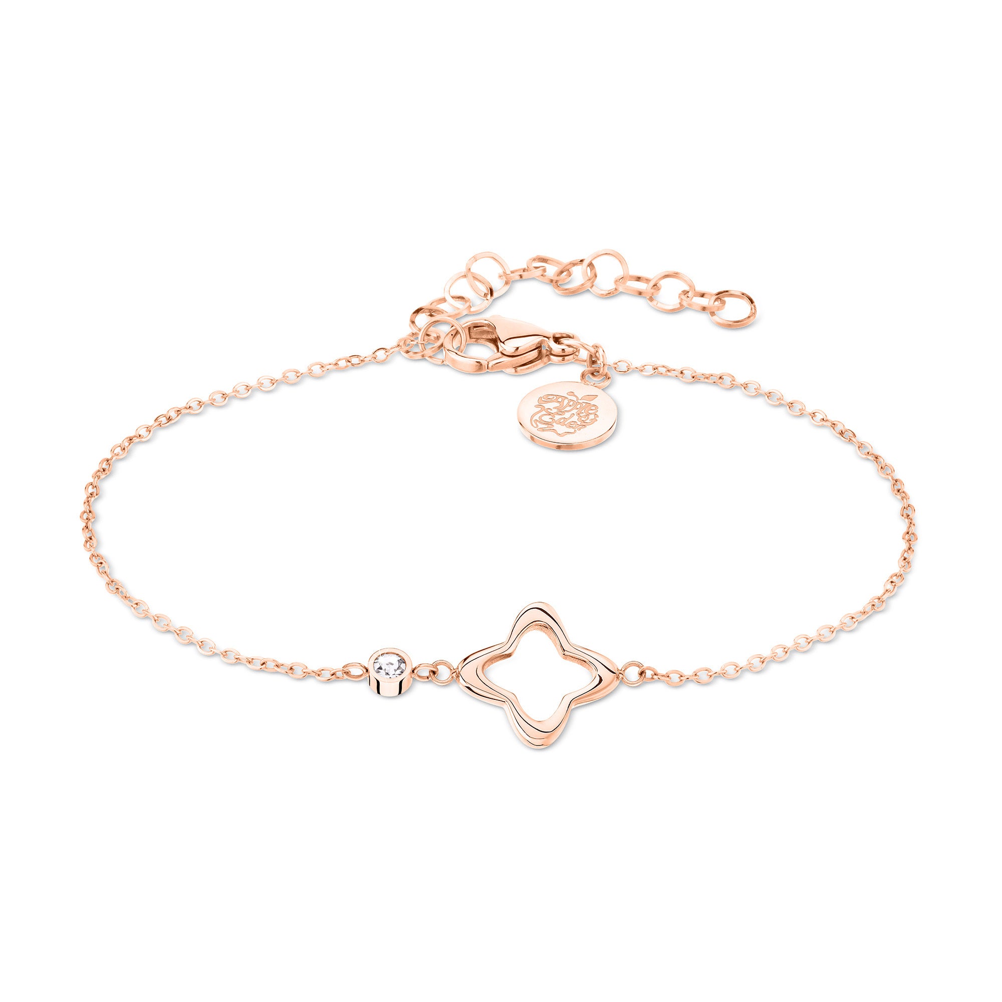 Apple of Eden Armband mit feiner roségoldener Kette, Zirkoniadetail und roségoldenem, blumenförmigen Anhänger; Produktbild 