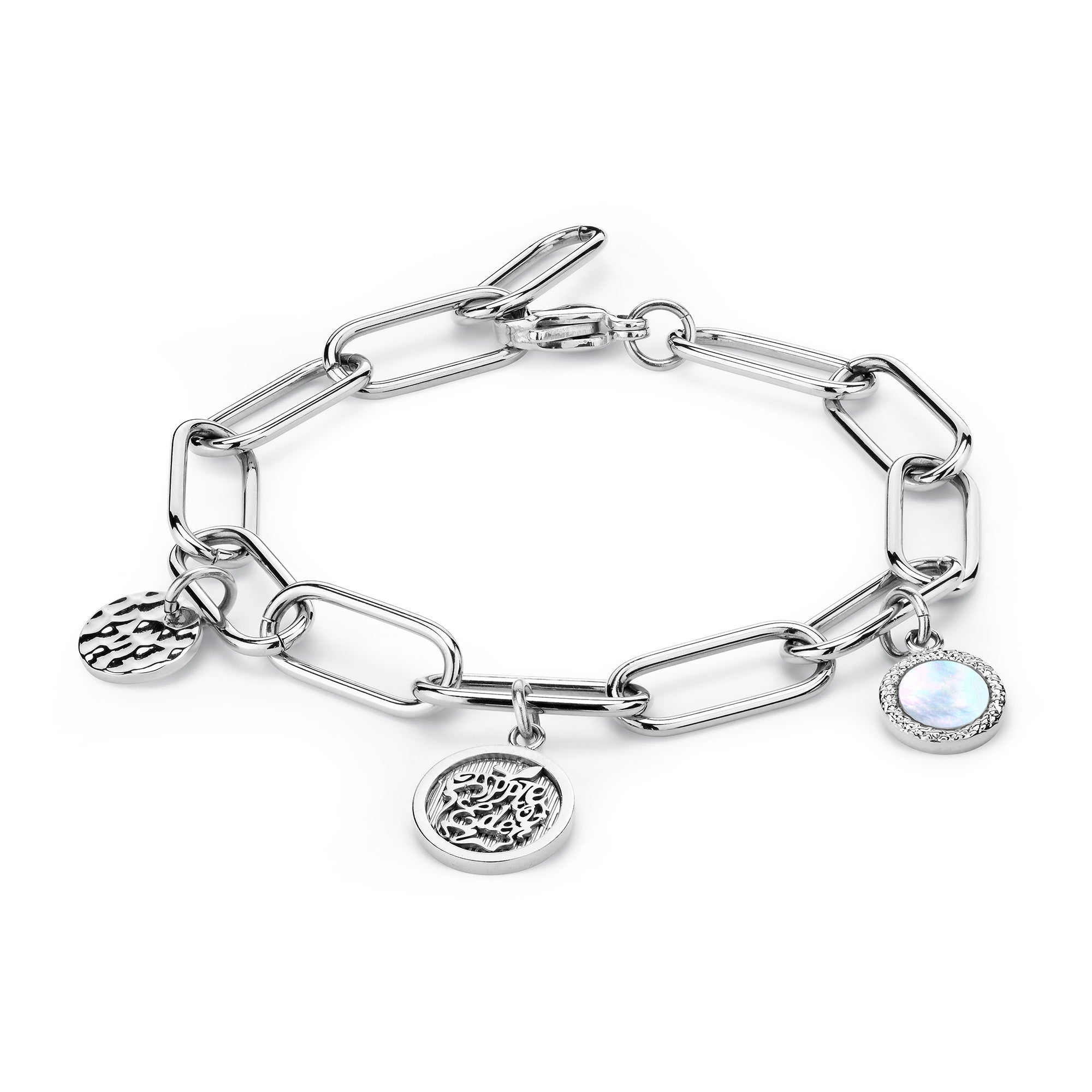 Apple of Eden Armband mit grober silberner Gliederkette, Perlmuttplättchen, Plättchen mit Münzdruck und Plättchen mit gehämmerten Muster; Produktbild