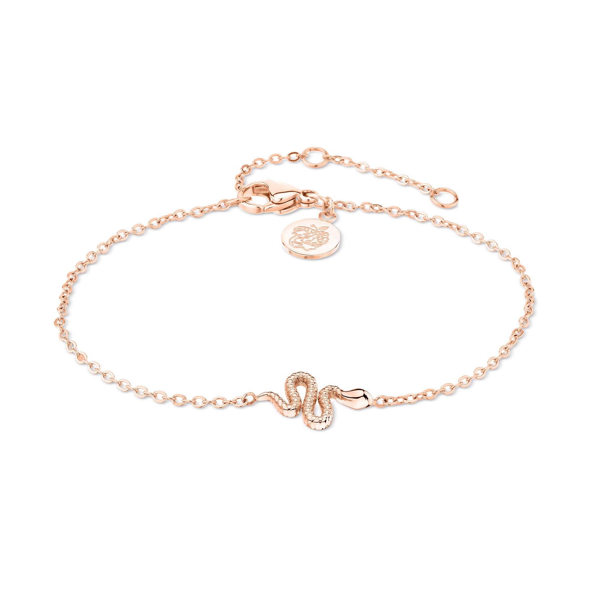 Apple of Eden Armband mit feiner roségoldenen Kette und roségoldenem Schlangenanhänger; Produktbild