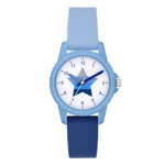 Cool Time Kids Armbanduhr mit baluen Indizes und Sternmotiv in grau und verschiedenen blautönen auf dem Zifferblatt, blauem Kunststoffgehäuse und Silikonband in zwei verschiedenen blautönen; Produktbild