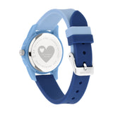 Cool Time Kids Armbanduhr mit baluen Indizes und Sternmotiv in grau und verschiedenen blautönen auf dem Zifferblatt, blauem Kunststoffgehäuse und Silikonband in zwei verschiedenen blautönen; Rückansicht