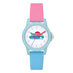 Cool Time Kids Armbanduhr mit türkisen Indizes, Wolkenmotiv in verschiedenen Farben auf dem Zifferblatt, türkisem Kunststoffgehäuse und Silikonband in den Farben rosa und blau; Produktbild