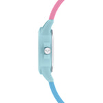 Cool Time Kids Armbanduhr mit türkisen Indizes, Wolkenmotiv in verschiedenen Farben auf dem Zifferblatt, türkisem Kunststoffgehäuse und Silikonband in den Farben rosa und blau; Seitenansicht