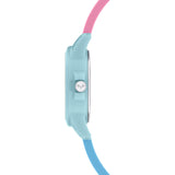 Cool Time Kids Armbanduhr mit türkisen Indizes, Wolkenmotiv in verschiedenen Farben auf dem Zifferblatt, türkisem Kunststoffgehäuse und Silikonband in den Farben rosa und blau; Seitenansicht