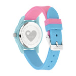 Cool Time Kids Armbanduhr mit türkisen Indizes, Wolkenmotiv in verschiedenen Farben auf dem Zifferblatt, türkisem Kunststoffgehäuse und Silikonband in den Farben rosa und blau; Rückansicht