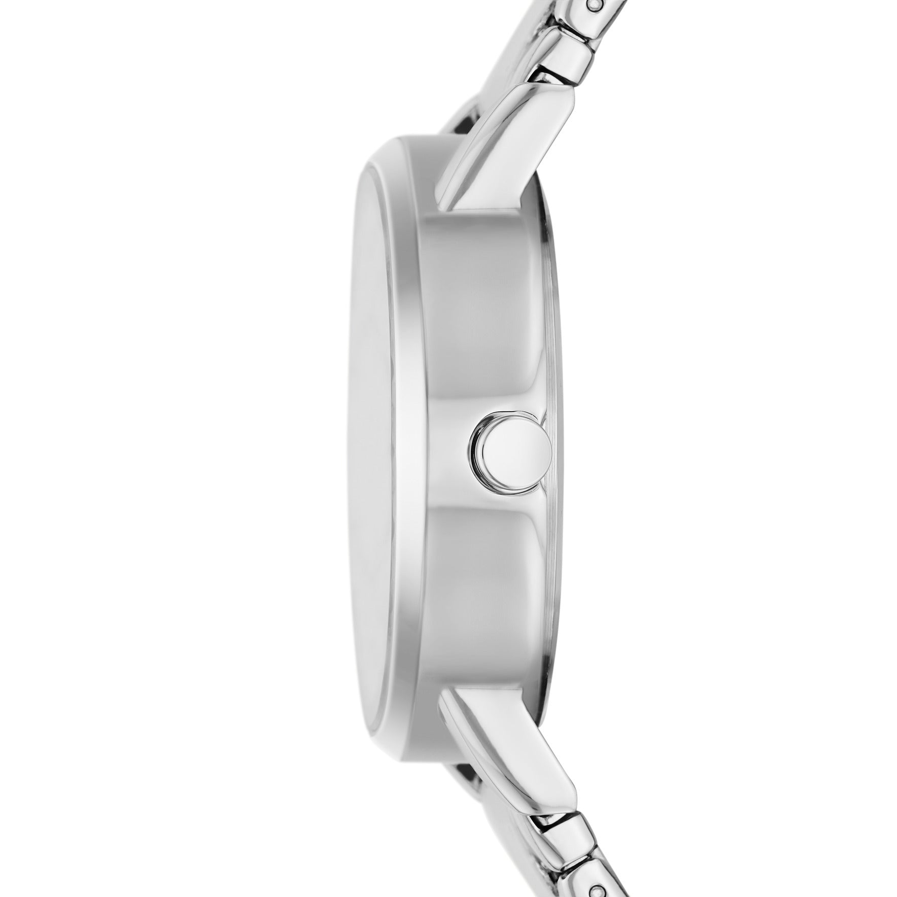 DKNY Armbanduhr mit silbernem Zifferblatt mit großem, glitzerndem Logoschriftzug, silbernem Gehäuse und silbernem Edelstahlband; Seitenansicht