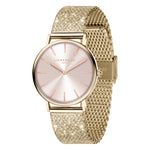 Die LIEBESKIND BERLIN Armbanduhr - Glitter-Special von Liebeskind Berlin verfügt über ein goldenes Mesh-Band, ein rundes Zifferblatt, roségoldene Details und ein Logo auf dem Zifferblatt - eine elegante Uhr, die jedem Outfit einen raffinierten Glanz verleiht.