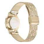 LIEBESKIND BERLIN Armbanduhr - Glitter-Special mit goldenem Mesh-Armband. Auf dem Gehäuseboden und der Schließe ist das Liebeskind Berlin Branding elegant eingraviert.