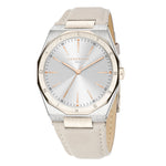 Liebeskind Berlin Armbanduhr mit silbernem Zifferblatt, silbernem Gehäuse mit Topring in der Farbe frozen rosé und beigem Lederband; Produktbild