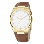 Liebeskind Berlin Armbanduhr mit Zifferblatt mit goldenen Indizes, goldenem Gehäuse und braunem Lederband; Produktbild