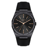 Liebeskind Berlin Armbanduhr mit schwarzem Zifferblatt mit roségoldenen Indizes, schwarzem Gehäuse und schwarzem Lederband; Produktbild