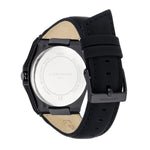 Liebeskind Berlin Armbanduhr mit schwarzem Zifferblatt mit roségoldenen Indizes, schwarzem Gehäuse und schwarzem Lederband; Rückansicht