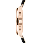 Liebeskind Berlin Armbanduhr mit schwarzem Zifferblatt, Chronographenwerk, roségoldenem Gehäuse und schwarzem Lederband; Seitenansicht