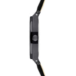 Liebeskind Berlin Armbanduhr mit schwarzem Zifferblatt mit roségoldenen Indizes, schwarzem Gehäuse und schwarzem Lederband; Seitenansicht