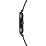 Tamaris Armbanduhr mit schwarzem Ziffernblatt, schwarzem Gehäuse und schwarzem Mesh-Armband Seitenansicht