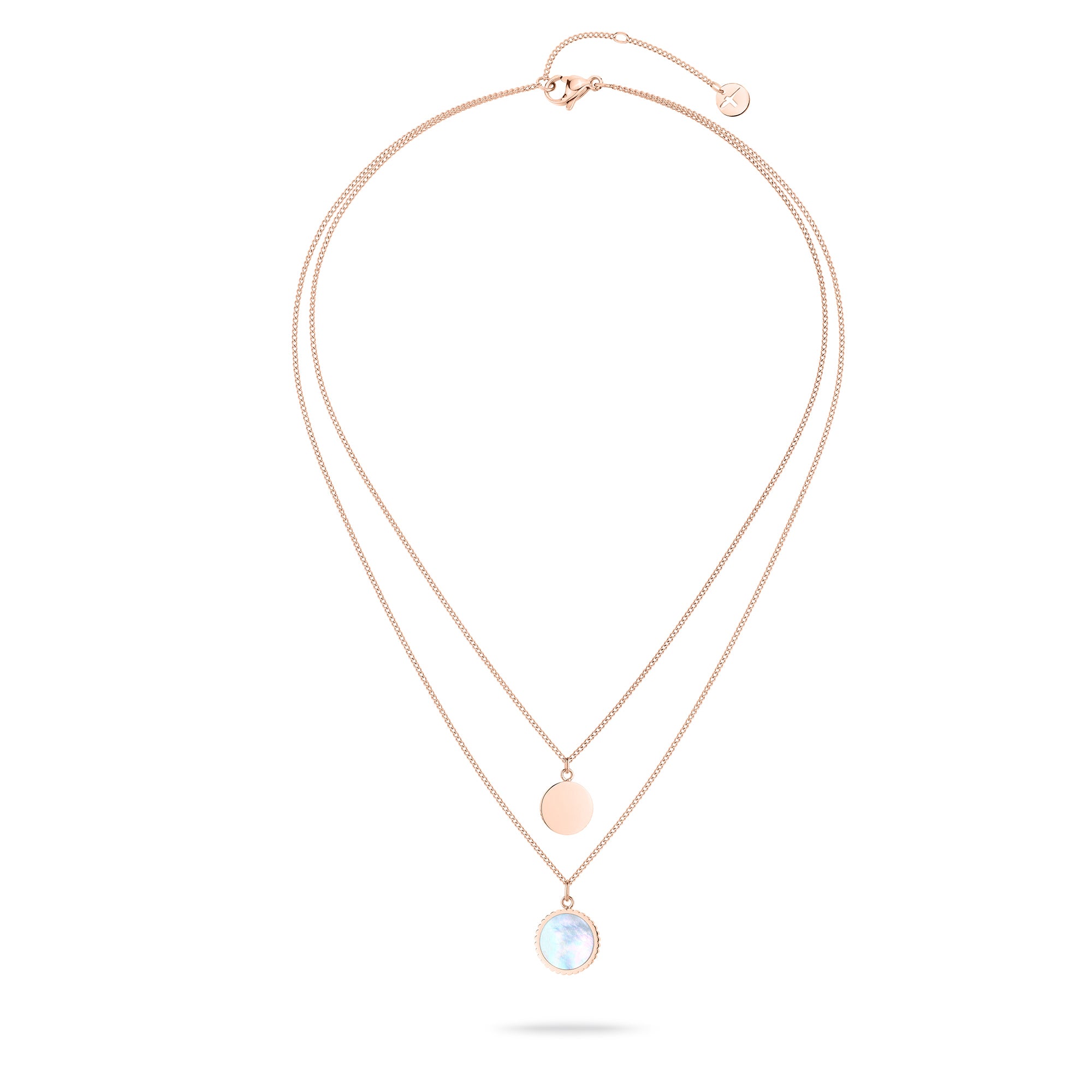 Die Tamaris Halskette - Perlmutt ist eine roségoldene Halskette im schicken Lagenlook, die ein doppellagiges Design mit einem runden Perlmutt Coin-Anhänger und einem schillernden Steinanhänger aufweist.