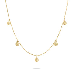 Tamaris Halskette bestehend aus einer zarten Ankerkette mit fünf kleinen Münz-Anhängern in der Farbe gold; Produktbild
