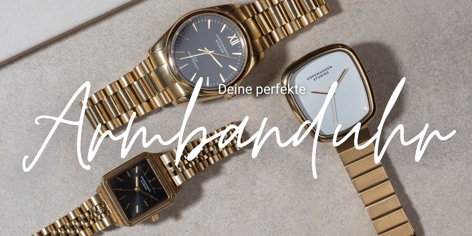 Goldfarbene Armbanduhren in verschiedenen Designs mit dem Schriftzug ‚Deine perfekte Armbanduhr‘.
