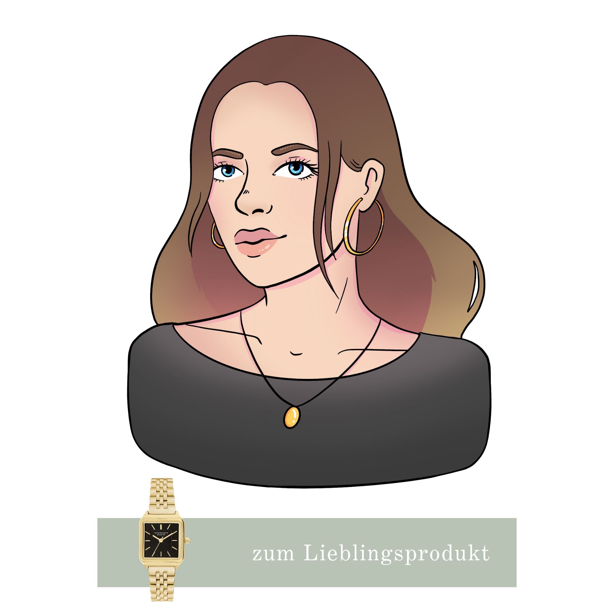 gezeichneter Avatar einer braunhaarigen Frau mit goldenen Creolen