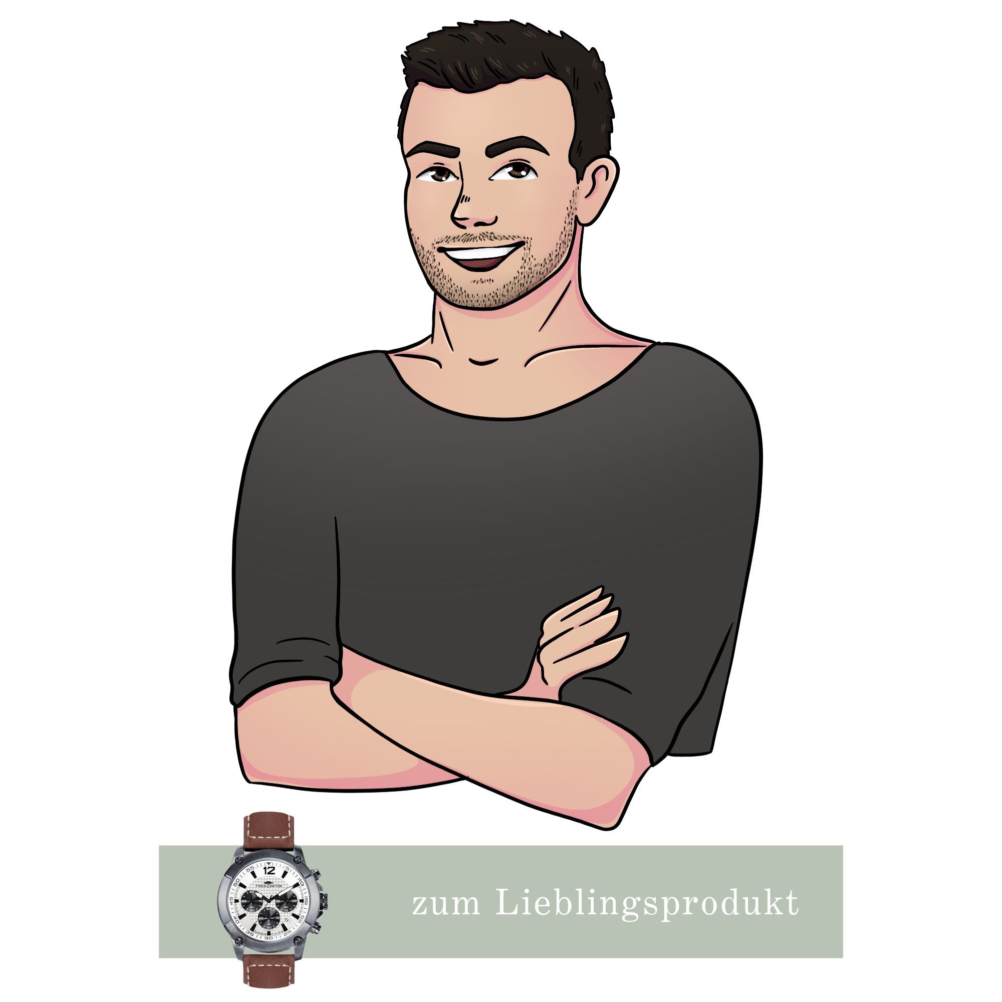junger Mann mit schwarzen Haaren. Lieblingsprodukt: Fynch-Hatton Herrenuhr