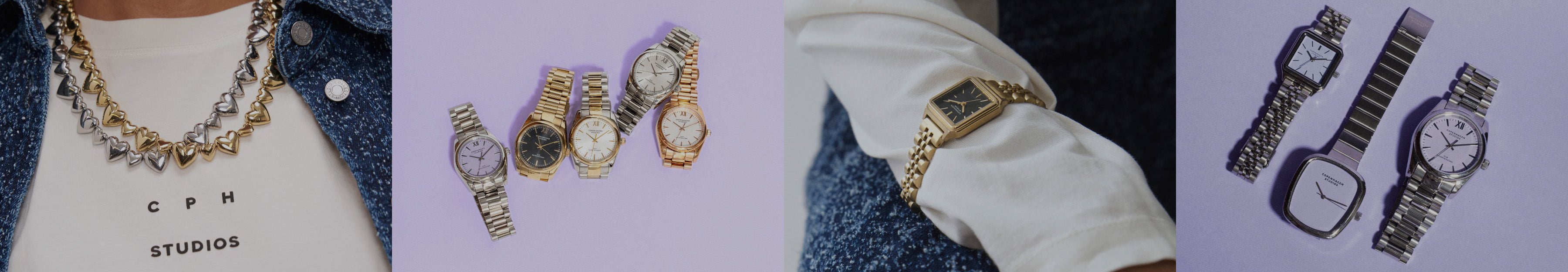 Schmuck und Uhren Kollektion mit Statement-Kette, goldenen und silbernen Armbanduhren im modernen Design.