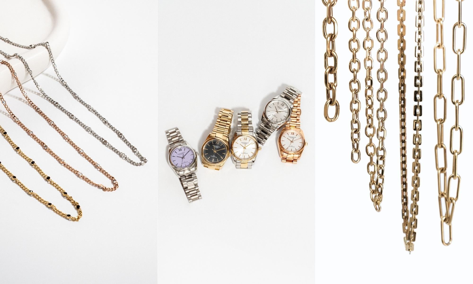 Schmuck und Uhren Kollektion mit Halsketten, Armbanduhren und Ketten in Gold und Silber im modernen Design.