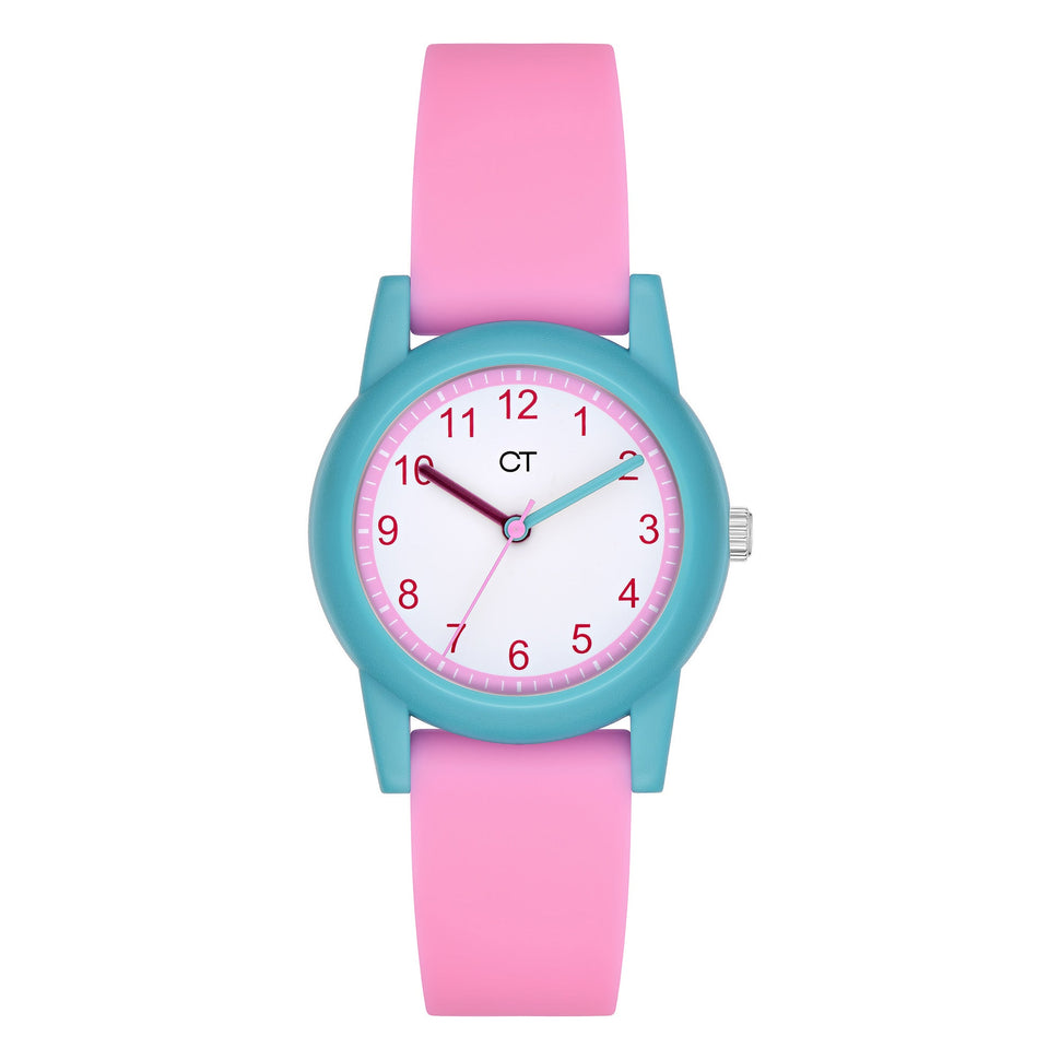 Cool Time Kids Armbanduhr mit rosa Zifferblatt, blauem Gehäuse und pinkem Silikonband; Produktbild