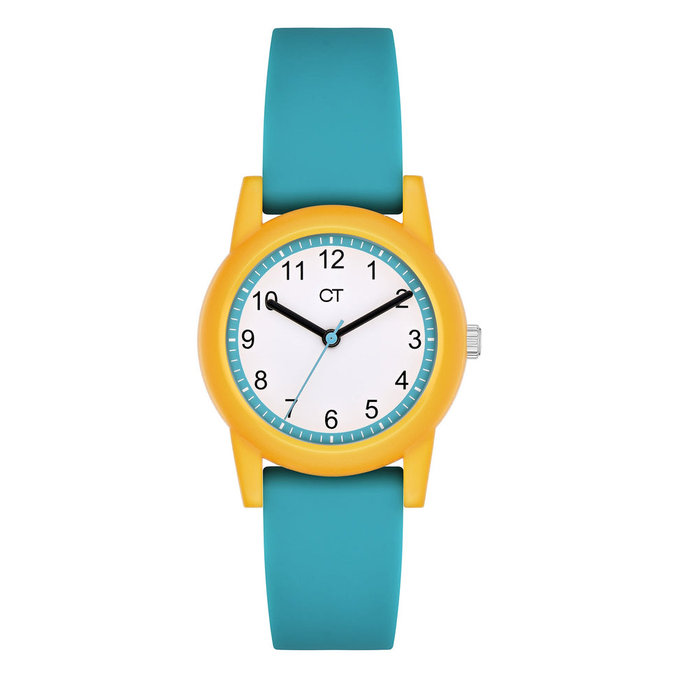 Cool Time Kids Armbanduhr mit gelbem Gehäuse und blauem Silikonband; Produktbild