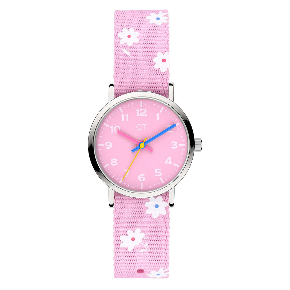 Cool Time Kids Armbanduhr mit rosa Zifferblatt, silbernem Gehäuse und rosa Textilarmband mit weißen Blumen; Produktbild