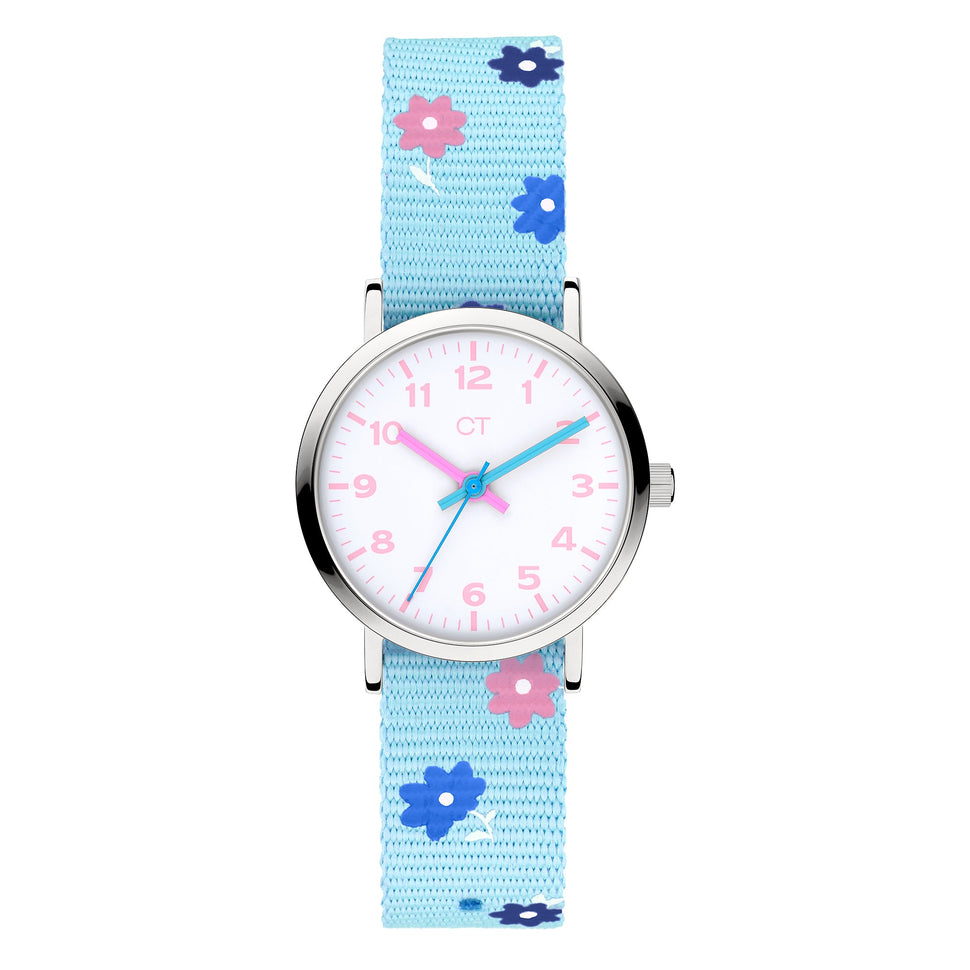 Cool Time Kids Armbanduhr mit rosa Indizes, silbernem Gehäuse und blauem Textilband mit blauen und rosa Blumen; Produktbild