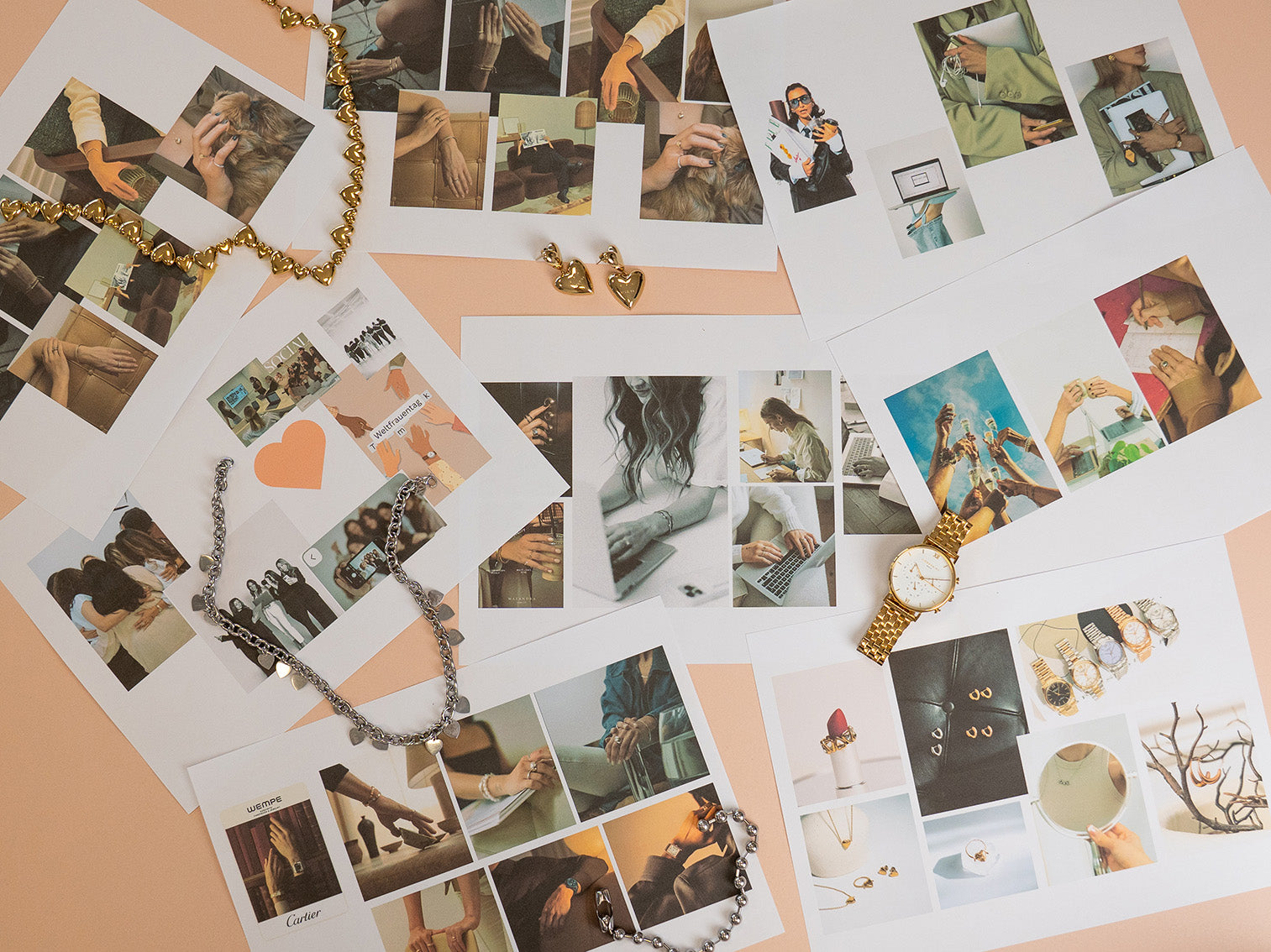 Schmuck und Uhren Flatlay mit Lifestyle-Fotos – Ketten, Armbänder und Armbanduhren im modernen Design.