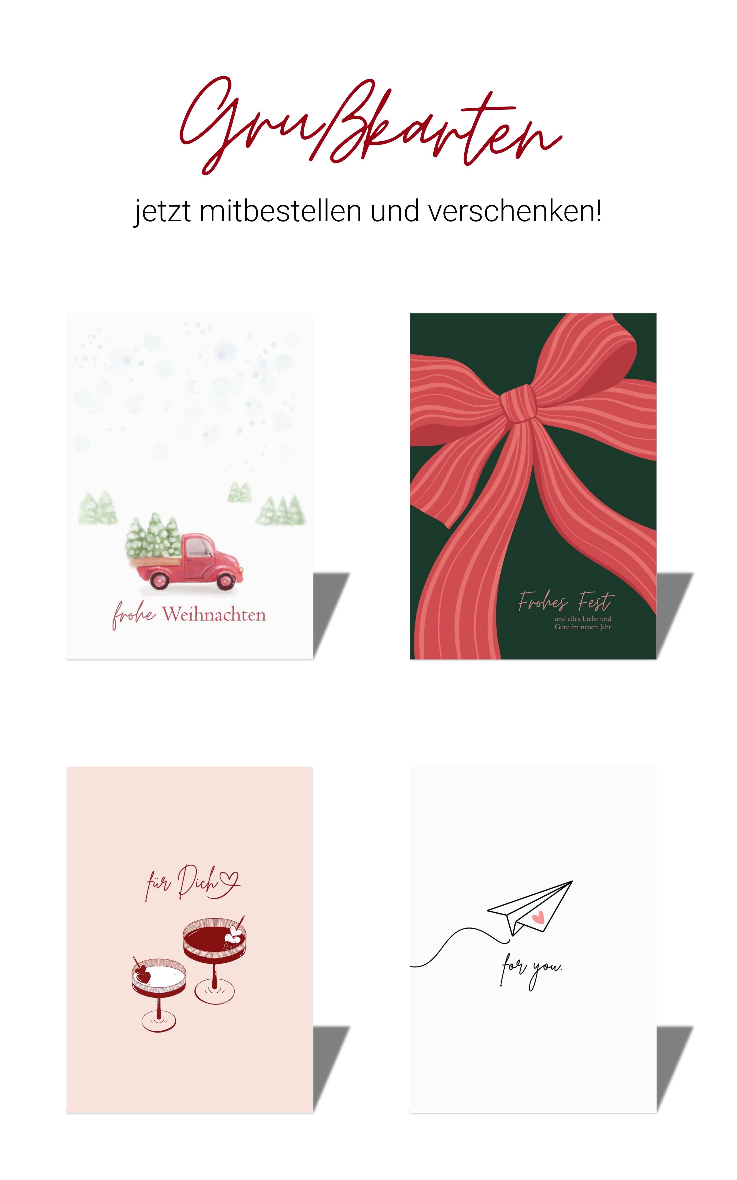 Banner mit vier illustrierten Grußkarten: eine Weihnachtskarte mit rotem Truck im Schnee, eine Karte mit großer roter Schleife, eine Karte mit zwei Cocktailgläsern und Herz, sowie eine minimalistische Karte mit Papierflieger. Links daneben steht der Text: 'Grußkarten – jetzt mitbestellen und verschenken!'