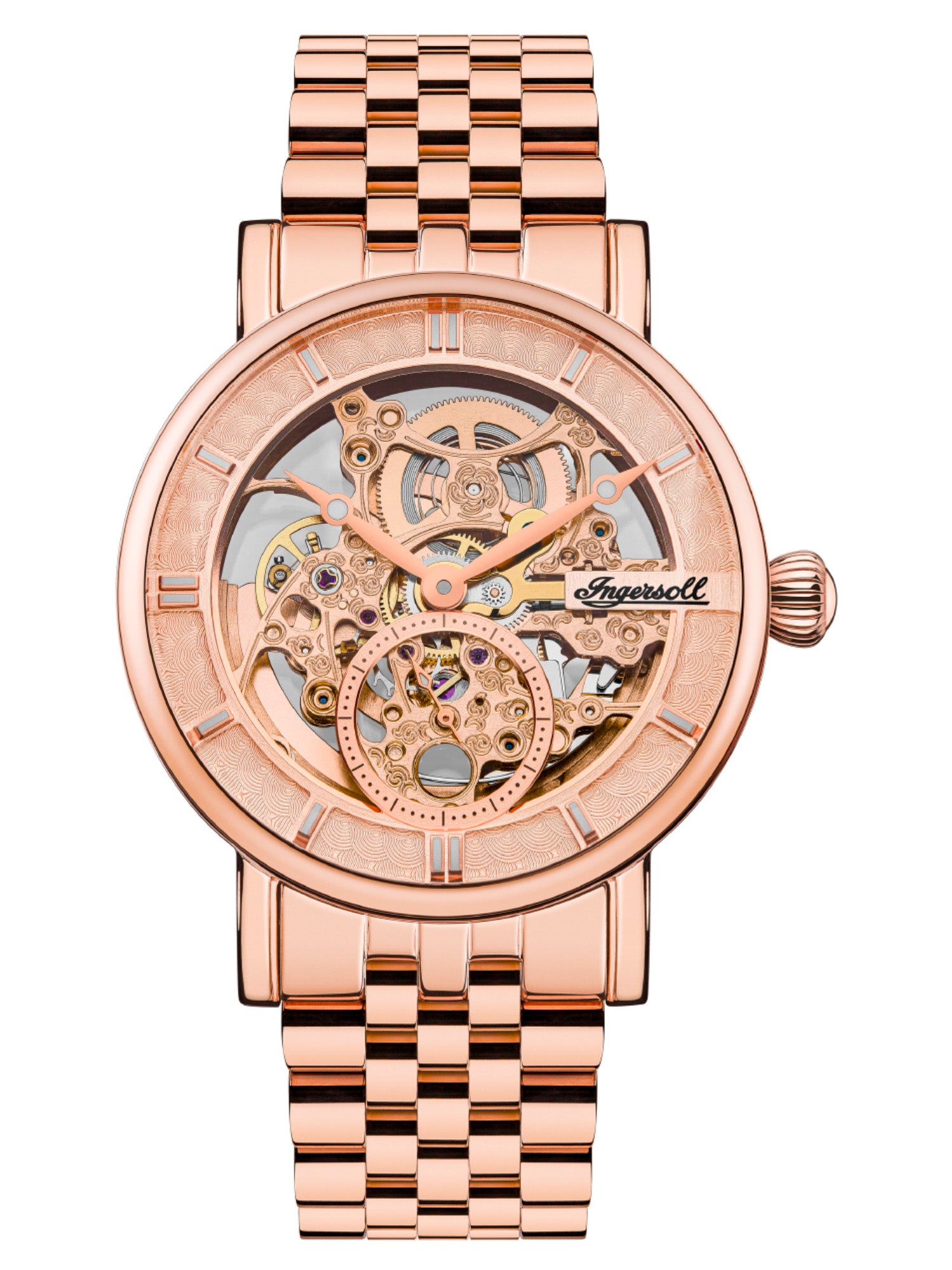 Ingersoll Armbanduhr mit skelettiertem roségoldenem Zifferblatt, roségoldenem Gehäuse und roségoldenem Edelstahlband Produktbild