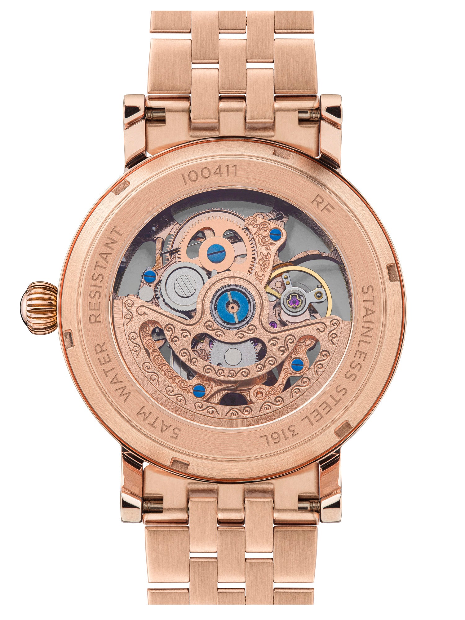 Ingersoll Armbanduhr mit skelettiertem roségoldenem Zifferblatt, roségoldenem Gehäuse und roségoldenem Edelstahlband Rückansicht